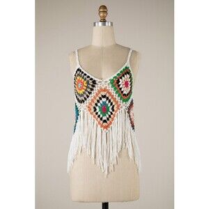 B2507 IM Miracle Crochet Diamond Patchwork Tank Top Camisole Ivory Multi Var Szs